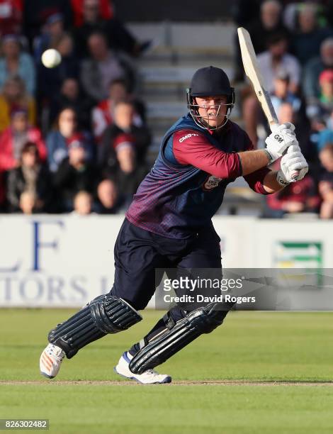 Richard Levi of Northamptonshire hits a boundary during the NatWest T20 Blast match between Northampton Steelbacks and Lancashire Lightening at The...