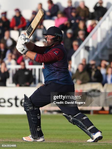 Richard Levi of Northamptonshire hits a boundary during the NatWest T20 Blast match between Northampton Steelbacks and Lancashire Lightening at The...