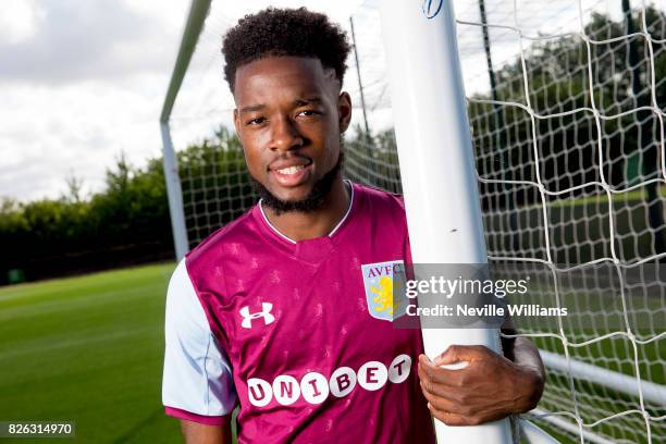 New signing Josh Onomah of Aston Villa poses for a picture at the club's training ground at Bodymoor Heath on August 04, 2017 in Birmingham, England.