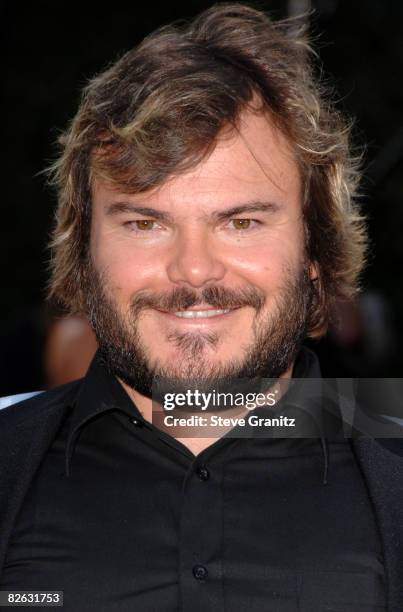 Actor Jack Black arrives at the Los Angeles Premiere Of "Tropic Thunder" at the Mann's Village Theater on August 11, 2008 in Los Angeles, California.