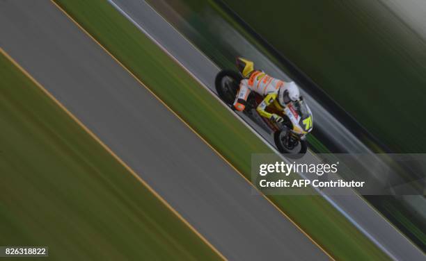 German rider Tim Georgi rides his KTM during a free practice session N.2 of the Moto 3 Czech Grand Prix in Brno, Czech Republic, on August 04, 2017....