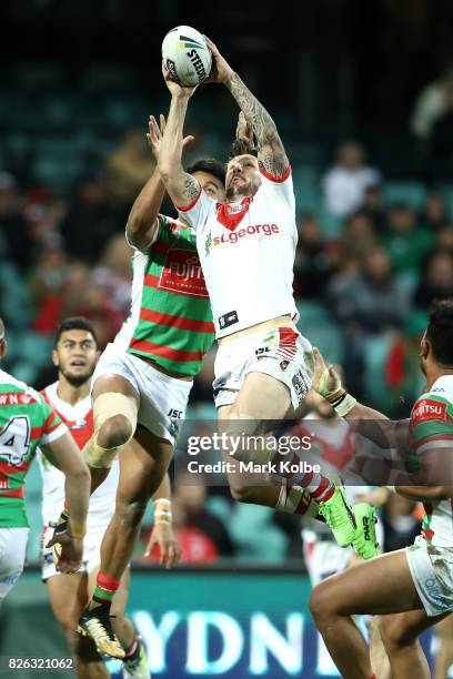 Gareth Widdop of the Dragons catches the ball from a kick during the round 22 NRL match between the St George Illawarra Dragons and the South Sydney...