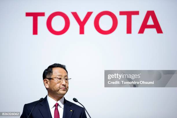 Toyota Motor Co. President Akio Toyoda speaks during a joint press conference with Mazda Motor Co. President and CEO Masamichi Kogai, not pictured,...