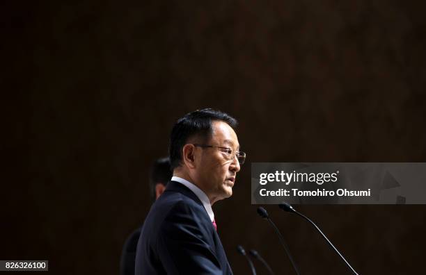Toyota Motor Co. President Akio Toyoda speaks during a joint press conference with Mazda Motor Co. President and CEO Masamichi Kogai, not pictured,...