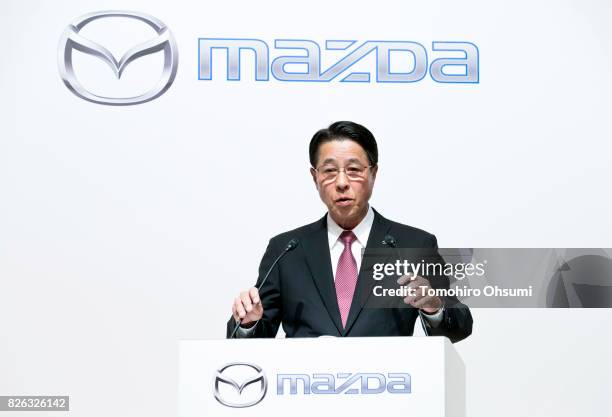 Mazda Motor Co. President and CEO Masamichi Kogai speaks during a joint press conference with Toyota Motor Co. President Akio Toyoda, not pictured,...