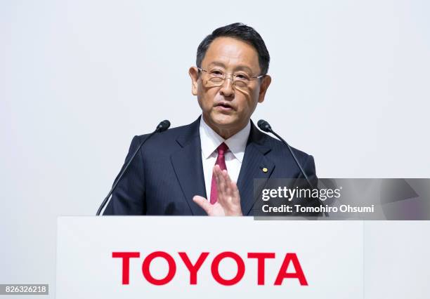 Toyota Motor Co. President Akio Toyoda speaks during a joint press conference with Mazda Motor Co. President and CEO Masamichi Kogai, not pictured,...