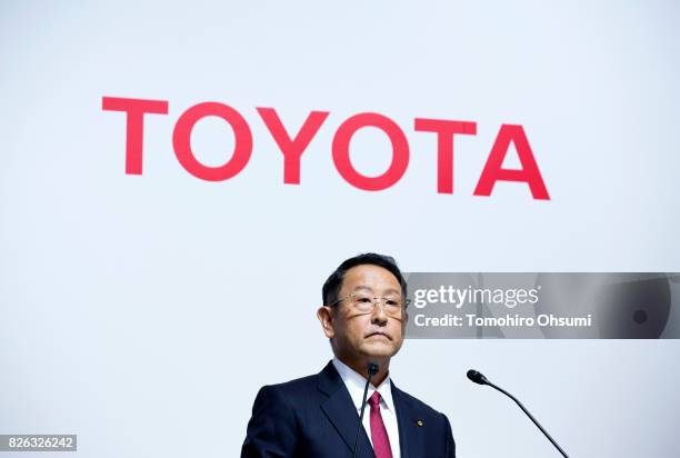 Toyota Motor Co. President Akio Toyoda speaks during a joint press conference with Mazda Motor Co. President and CEO Masamichi Kogai, not pictured,...