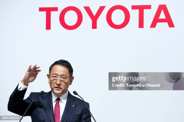 Toyota Motor Co. President Akio Toyoda speaks during a joint press conference with Mazda Motor Co. President and CEO Masamichi Kogai, not pictured,...