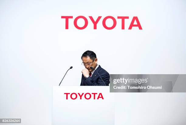 Toyota Motor Co. President Akio Toyoda walks to a podium during a joint press conference with Mazda Motor Co. President and CEO Masamichi Kogai, not...