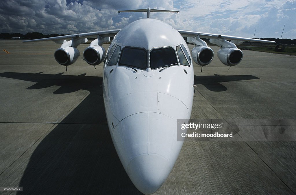 Elevated front wide angle view Bae-146 jet aircraft