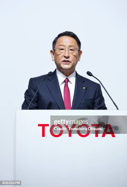 Toyota Motor Co. President Akio Toyoda speaks during a joint press conference with Mazda Motor Co. President and CEO Masamichi Kogai, not pictured,...