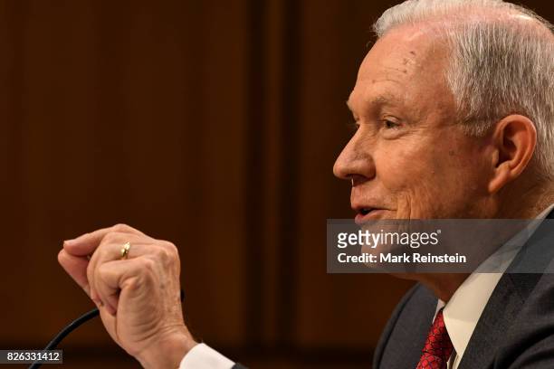 Attorney General Jeff Sessions gestures as he testifies before the Senate Intelligence Committee, Washington DC, June 13, 2017.