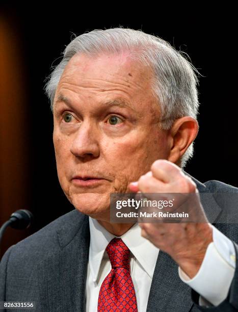 Attorney General Jeff Sessions gestures as he testifies before the Senate Intelligence Committee, Washington DC, June 13, 2017.