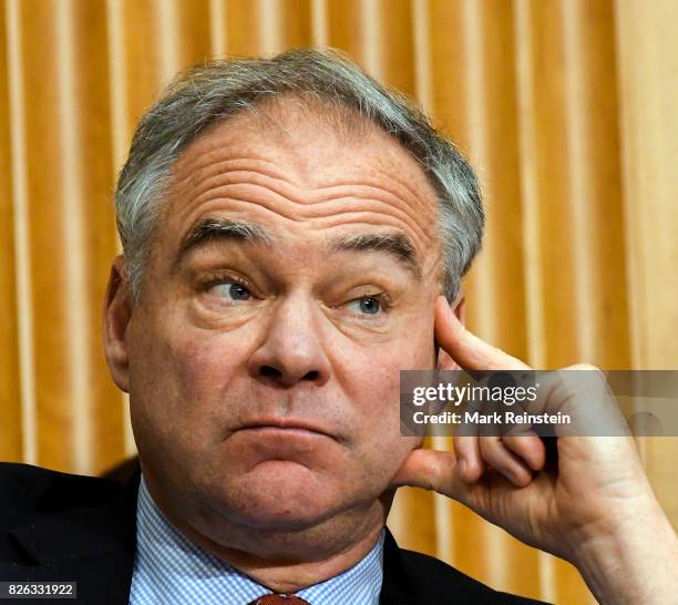 Close-up of American politician US Senator Tim Kaine as he listens to testimony during a Senate subcommittee hearing, Washington DC, June 13, 2017.