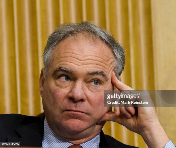 Close-up of American politician US Senator Tim Kaine as he listens to testimony during a Senate subcommittee hearing, Washington DC, June 13, 2017.