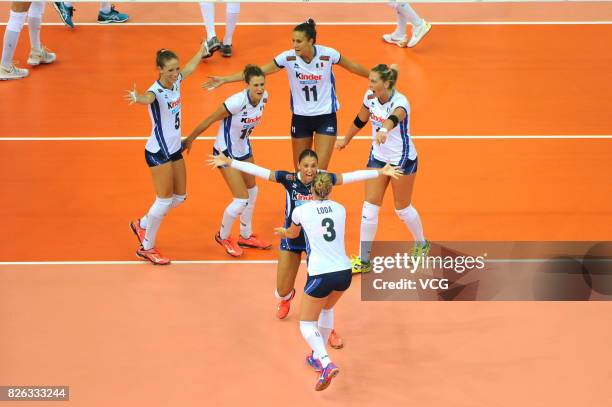 Players of Italy celebrate a point during the group match of 2017 Nanjing FIVB World Grand Prix Finals between Serbia and Italy at Nanjing Olympic...