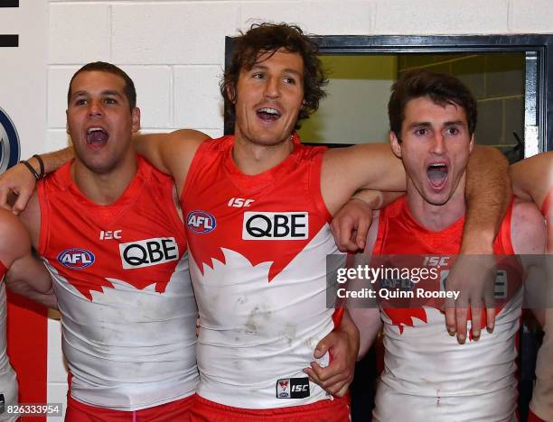 Lance Franklin, Kurt Tippett and Dean Towers of the Swans sing the song in the rooms after winning the round 22 AFL match between the Geelong Cats...