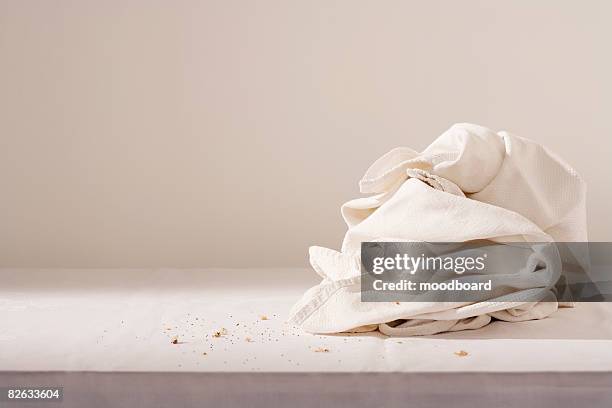 dish cloth and crumbs on table - straccio da cucina foto e immagini stock