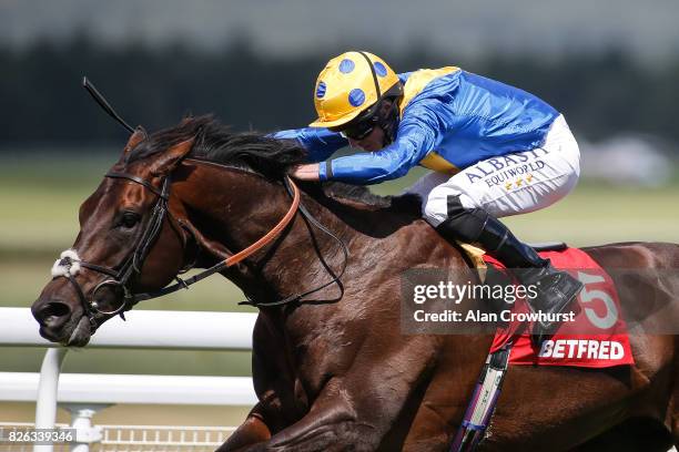 Ryan Moore riding Poet's Word win The Betfred Glorious Stakes on day four of the Qatar Goodwood Festival at Goodwood racecourse on August 4, 2017 in...