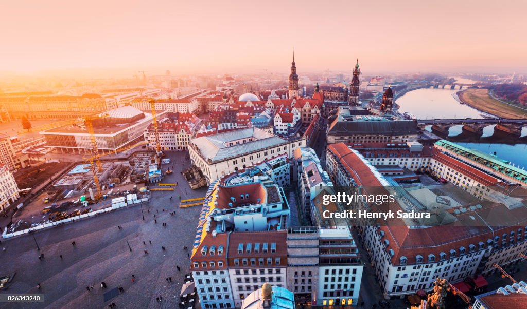 Aerial panorama of Dresden at sunset