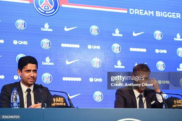 President of PSG Nasser Al Khelaifi and New signing player Neymar during press conference of Paris Saint-Germain at Parc des Princes on August 4,...