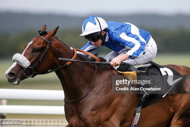 Ryan Moore riding Beat The Bank win The Bonhams Thoroughbred Stakes on day four of the Qatar Goodwood Festival at Goodwood racecourse on August 4,...