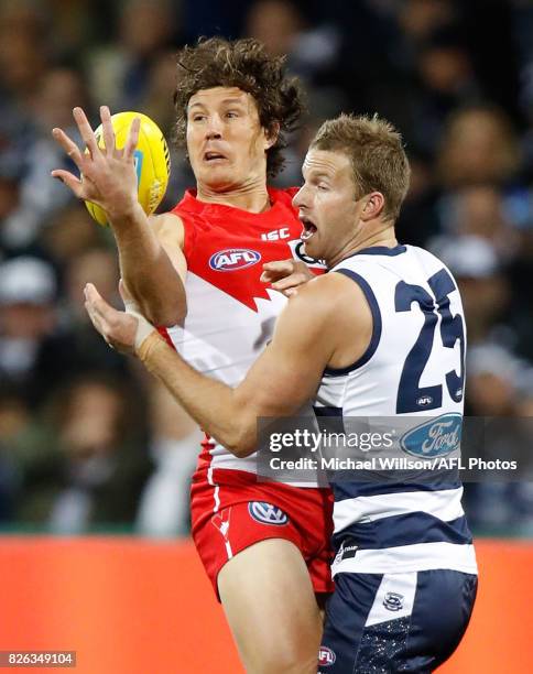 Kurt Tippett of the Swans and Lachie Henderson of the Cats compete for the ball during the 2017 AFL round 20 match between the Geelong Cats and the...