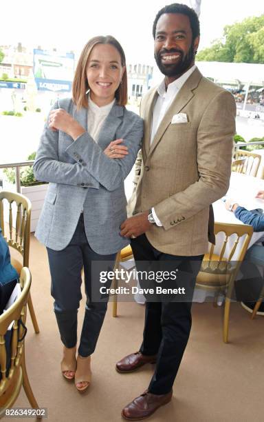 Victoria Pendleton and Nicholas Pinnock attend the Longines hospitality lounge at the Global Champions Tour at the Royal Hospital Chelsea on August...