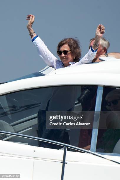 Queen Sofia is seen on board of Somni during the 36th Copa Del Rey Mafre Sailing Cup on August 4, 2017 in Palma de Mallorca, Spain.