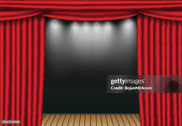 red theater curtains with spotlight and wooden stage - opening curtains stock illustrations