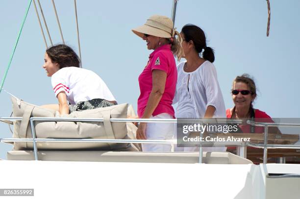 Princess Elena of Spain and Victoria Fecerica de Marichalar y Borbon are seen on board of Tara during the 36th Copa Del Rey Mafre Sailing Cup on...