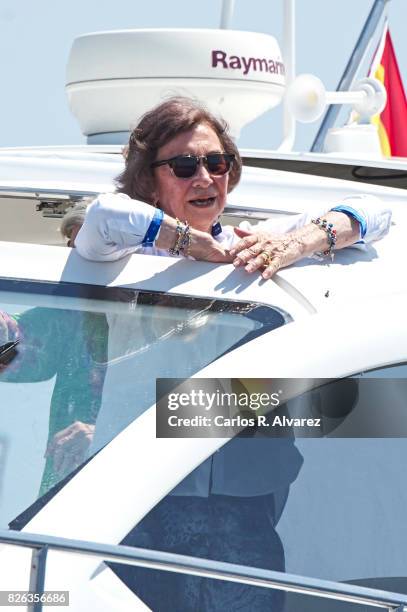 Queen Sofia is seen on board of Somni during the 36th Copa Del Rey Mafre Sailing Cup on August 4, 2017 in Palma de Mallorca, Spain.