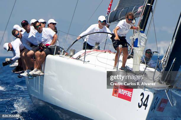 King Felipe VI of Spain compites on board of Aifos during the 36th Copa Del Rey Mafre Sailing Cup on August 4, 2017 in Palma de Mallorca, Spain.