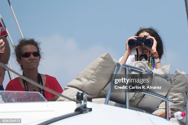 Princess Elena of Spain and Victoria Fecerica de Marichalar y Borbon are seen on board of Tara during the 36th Copa Del Rey Mafre Sailing Cup on...