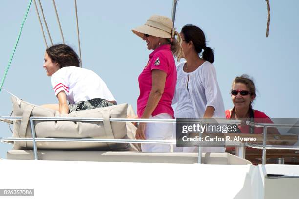 Princess Elena of Spain and Victoria Fecerica de Marichalar y Borbon are seen on board of Tara during the 36th Copa Del Rey Mafre Sailing Cup on...