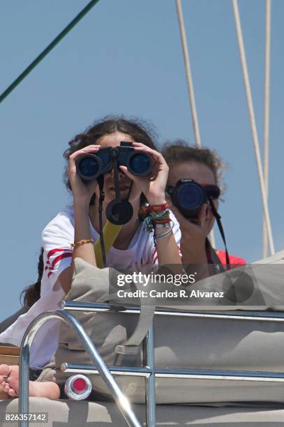 Princess Elena of Spain and Victoria Fecerica de Marichalar y Borbon are seen on board of Tara during the 36th Copa Del Rey Mafre Sailing Cup on...