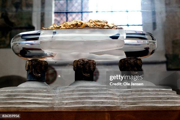 Model of the shared royal sarcophagus in Ropskilde Cathedral is seen on August 4, 2017 in Roskilde, Denmark. Danish Prince Henrik announced yesterday...