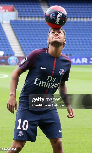 Neymar Jr of Brazil press conference and jersey presentation following his signing as new player of Paris Saint-Germain at Parc des Princes on August...