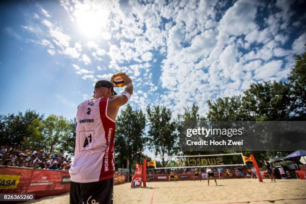 Janis Smedins of Latvia serves the ball during Day 8 of the FIVB Beach Volleyball World Championships 2017 on August 4, 2017 in Vienna, Austria.