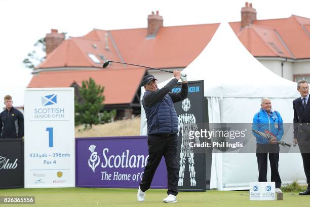 Costantino Rocca of Italy in action during the first round of the Scottish Senior Open at The Renaissance Club on August 4, 2017 in North Berwick,...