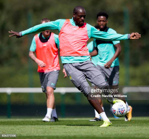 Chris Samba of Aston Villa in action during a Aston Villa training session at the club's training ground at Bodymoor Heath on August 04, 2017 in...