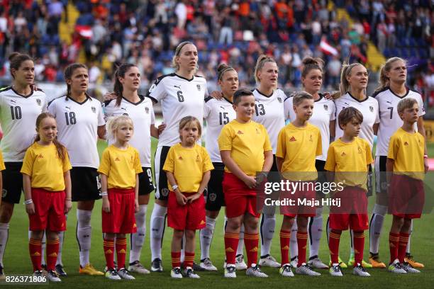 Team of Austria lines up prior the UEFA Women's Euro 2017 Semi Final match between Denmark and Austria at Rat Verlegh Stadion on August 3, 2017 in...