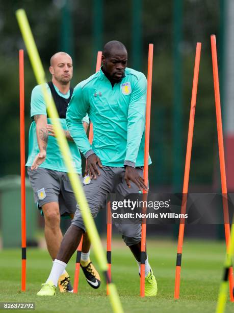 Chris Samba of Aston Villa in action during a Aston Villa training session at the club's training ground at Bodymoor Heath on August 04, 2017 in...