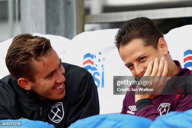 Javier Hernandez of West Ham United is seen on the bench during a Pre Season Friendly between Manchester City and West Ham United at the...