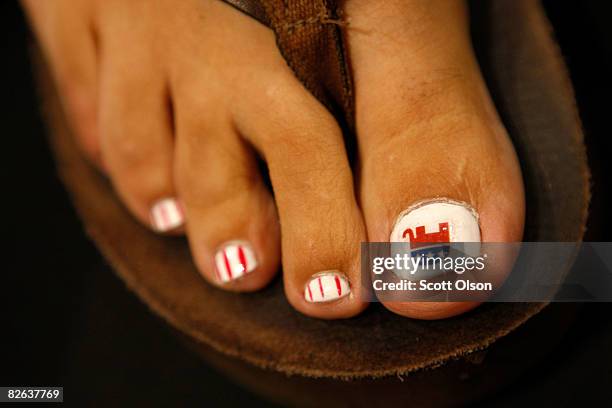 The toes of Adryana Boyne from Highland Village, Texas are shown painted with the Republican elephant logo on day two of the Republican National...