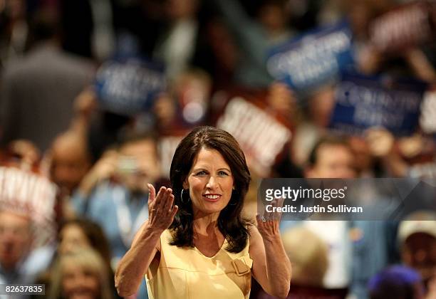 Rep. Michele Bachmann reacts to the crowd on day two of the Republican National Convention at the Xcel Energy Center on September 2, 2008 in St....