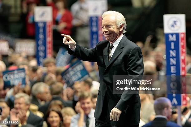 Sen. Joe Lieberman reacts to the crowd during day two of the Republican National Convention at the Xcel Energy Center on September 2, 2008 in St....