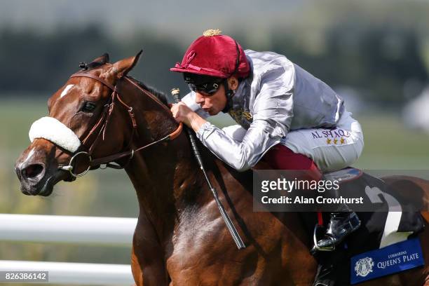 Frankie Dettori riding Al Jazi win The Lâormarins Queens Plaet Oak Tree Stakes on day four of the Qatar Goodwood Festival at Goodwood racecourse on...