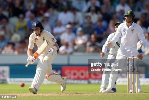 Joe Root of England bats during the 4th Investec Test match between England and South Africa at Old Trafford cricket ground on August 4, 2017 in...