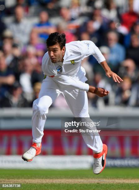 South Africa bowler Duanne Olivier in action during day one of the 4th Investec Test match between England and South Africa at Old Trafford on August...